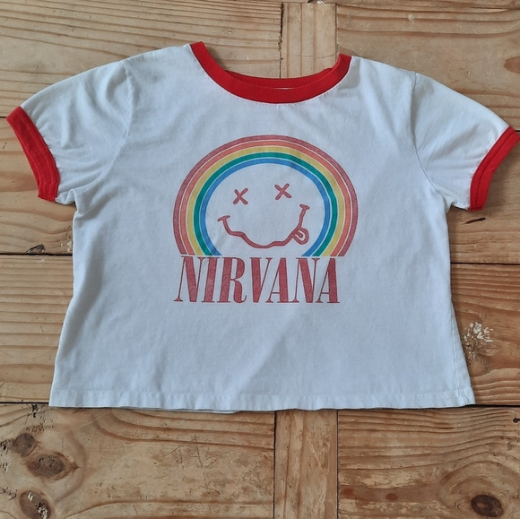 NIRVANA Tops - Nirvana Rainbow White Red Ringer Crop Top L